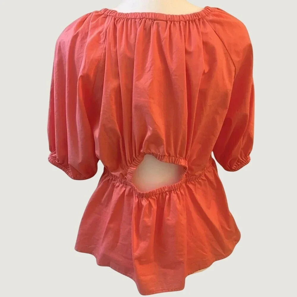 Old Navy Short Puff Sleeve Peplum Top Coral Pink Cutout Back Medium Tall